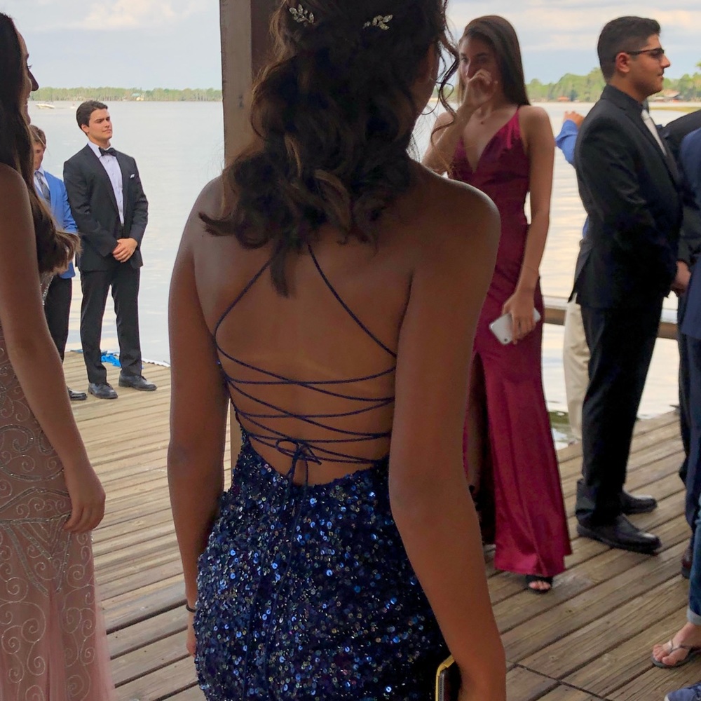 Navy Sequin Prom Dress - Picture 2 of 4
